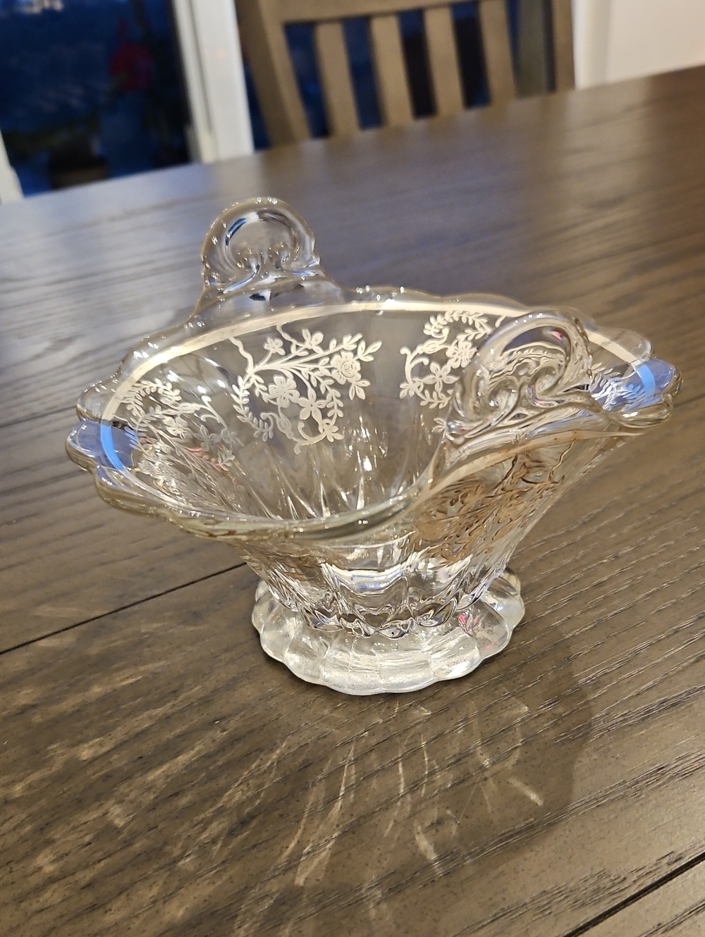 Vintage Silver Overlay Doubled Handled Glass Dish - 1950s